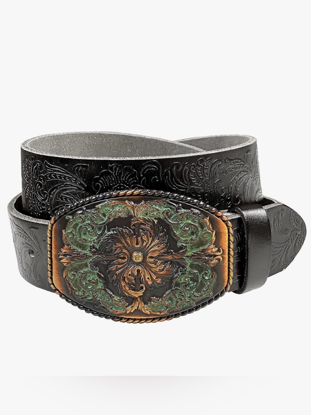 Western antique brass floral embossed buckle with black leather belt size 36